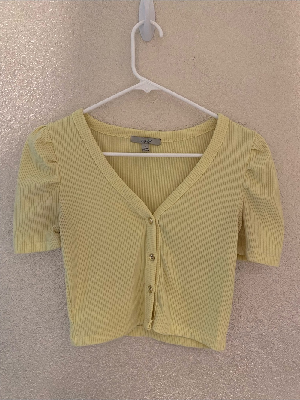 Papaya Ribbed V-Neck Button Crop Top - Pale Yellow